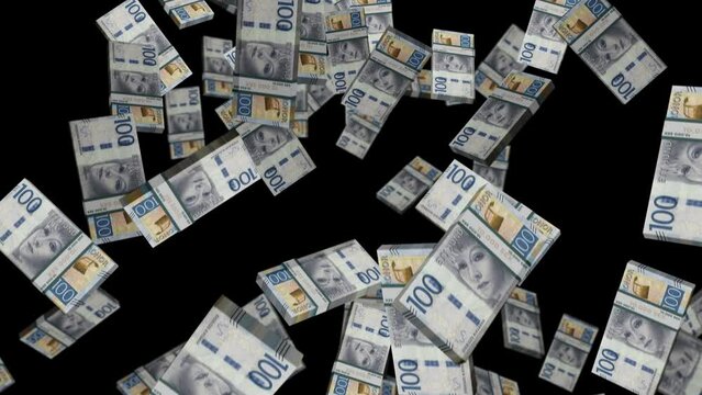 Swedish Krona 100 SEK banknote packs falling loop. Sweden money note fall. 3D seamless looped isolated abstract concept of economy, finance, crisis, success and banking.