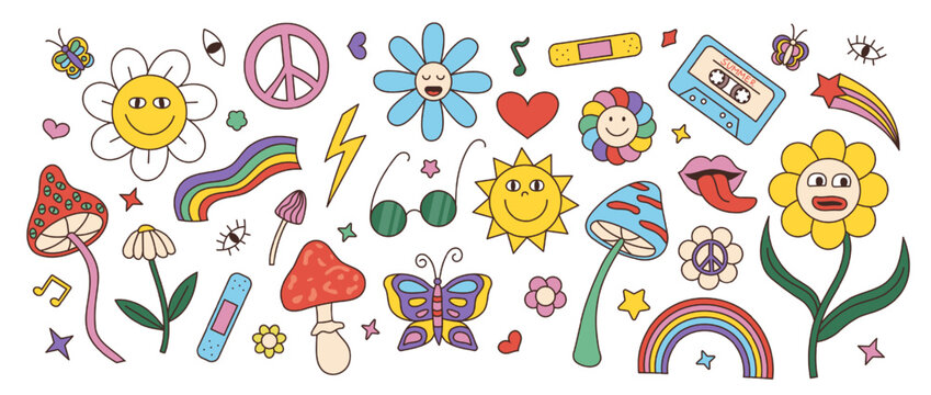 Flower power stickers, retro psychedelic collection. Groovy butterfly, hand drawn daisy, heart and sun, hippie mushroom. Peace symbols, isolated 70s disco labels. Vector cartoon clipart