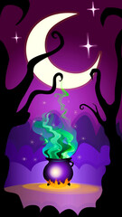 Illustration of a witches cauldron in clay with boiling green magic potion with background crescent moon and stars. Halloween party concept.