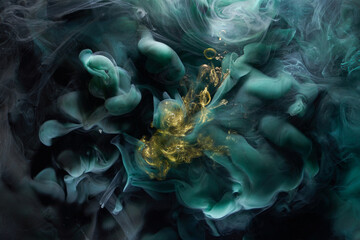 Emerald sparkling abstract background, luxury gold smoke, acrylic paint underwater explosion,...