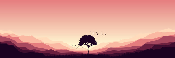 Sunset in landscape with tree silhouette vector illustration good for wallpaper, background, backdrop, banner, web, ui, ux, travel, adventure, and design template