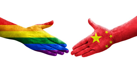 Handshake between China and LGBT flags painted on hands, isolated transparent image.