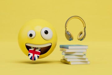 learning English. books, headphones and a smiley face with a tongue in the form of a British flag. 3D render