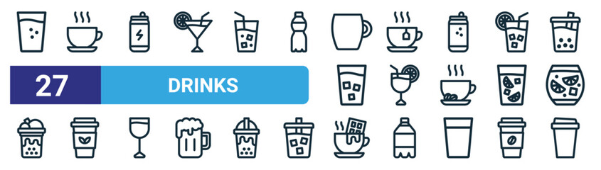 set of 27 outline web drinks icons such as soda, hot drink, can, hot tea, cocktail, tea cup, hot chote, paper cup vector thin line icons for web design, mobile app.