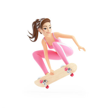 3d sporty woman jumping on skateboard
