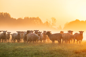Naklejka na ściany i meble sheep herd pn pasture in fog