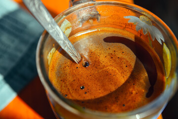 Cup of cappuccino . Morning drink for breakfast