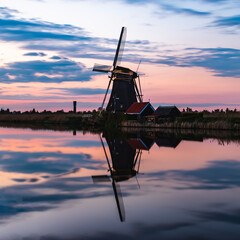 A Dutch mill during twilight hours in Kinderdijk with a reflection in the water