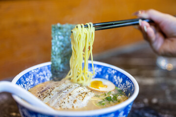Grilled fish soup Japanese ramen bowl