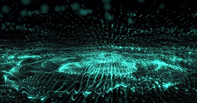 Abstract background with blue-green moving flying stripes, lines, waves of digital hi-tech smoke particles with blur effect and bokeh. Screensaver beautiful video animation in high resolution 4k