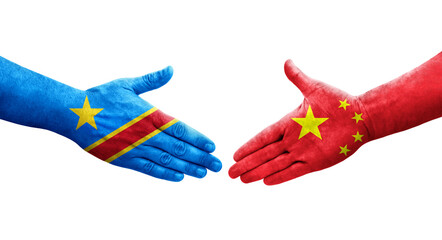 Handshake between China and Dr Congo flags painted on hands, isolated transparent image.