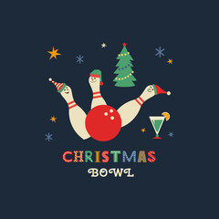 Christmas holiday bowling fancy vector icon. Bowling ball strike, funny pin, Elf hat cartoon design element. Bowl club x-mas holidays invitation template. Christmas party event background illustration