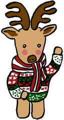 Hand-drawn doodle of a Christmas deer dressed in a traditional sweater and scarf with a festive pattern. Vector cartoon outline color illustration isolated on transparent background