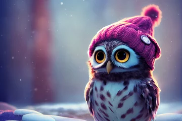 Poster Im Rahmen Little owl wearing a beanie hat in the snow. © Amanda