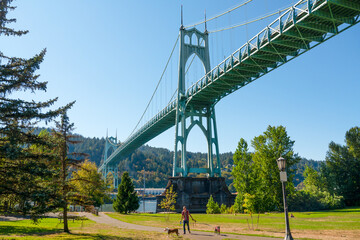Scenic St Johns Bridge spans the Willamette River and Cathedral Park in north Portland Oregon - obrazy, fototapety, plakaty