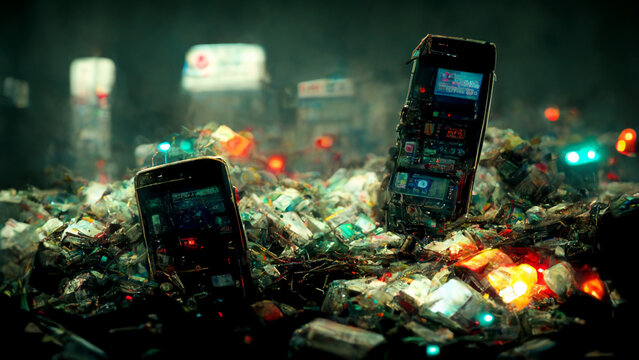 Dirty waste pile of old cell phones
