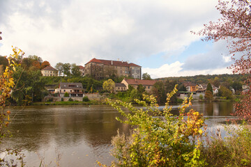 Fototapeta na wymiar Nelahozeves Chateau, view over Vltava river in autumn day. Czech Republic.