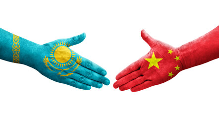 Handshake between China and Kazakhstan flags painted on hands, isolated transparent image.