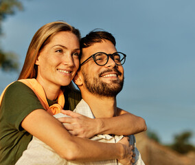 woman outdoor man couple outside happy lifestyle young romance together love summer fun happiness caucasian smiling romantic beautiful dating relationship travel vacation portrait freedom carefree