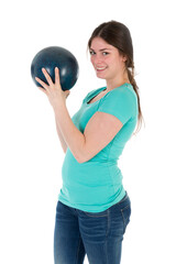 Pretty woman with bowling ball isolated on transparent background