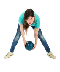 Woman is throwing a bowling ball at a simplistic way isolated on transparent background