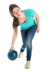 Woman throwing a bowling ball isolated on transparent background