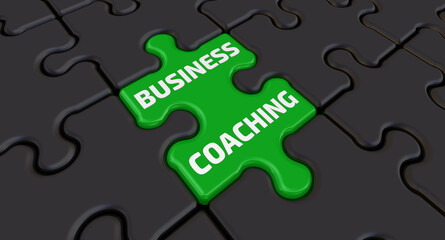 Fototapeta premium Business coaching. The text on the puzzles. Folded black puzzles elements and one green with white text BUSINESS COACHING. 3D illustration