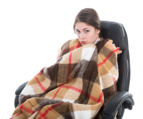 Woman with blanket sitting in armchair, isolated on transparent background
