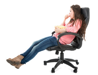 Lazy woman sitting in armchair eating pop corn, isolated on transparent background