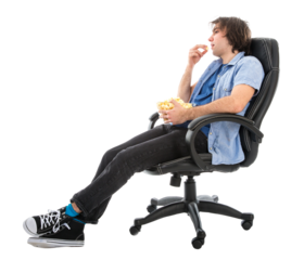 Lazy man sitting in armchair eating pop corn, isolated over white