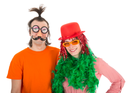 Man and Woman dressed in funny carnival costumes isolated on transparent background