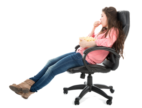 Lazy woman sitting in armchair eating pop corn, isolated on transparent background