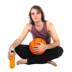 Man sitting on floor with basketball and orange juice, isolated on transparent background
