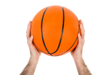 Two hands holding a basketball isolated on transparent background