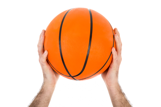 Two hands holding a basketball isolated on transparent background