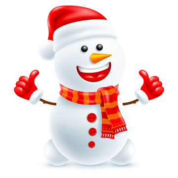 Cute cheerful character snowman in Santa hat and knitted winter scarf, showing gesture thumbs up and laughing. 3d Vector illustration