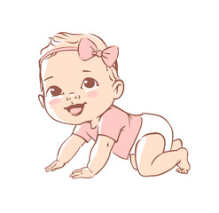 Cute little baby girl in diaper. Active baby of 3-12 months. First year baby development. Newborn crawling and smiling. Happy healthy baby Caucasian ethnic. Color vector illustration set.