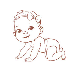 Cute little baby girl in diaper. Active baby of 3-12 months. First year baby development. Newborn crawling and smiling. Happy healthy baby Caucasian ethnic. Line illustration.