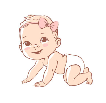 Cute little baby girl in diaper. Active baby of 3-12 months. First year baby development. Newborn crawling and smiling. Happy healthy baby Caucasian ethnic. Color vector illustration set.