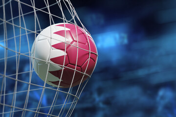 Soccer ball with the flag of Qatar, scoring the goal and moving the net. 3D illustration.