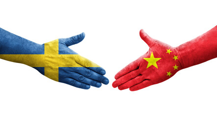 Handshake between China and Sweden flags painted on hands, isolated transparent image.