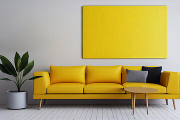 3d illustration of stylish yellow interior sofa and picture framed on the wall