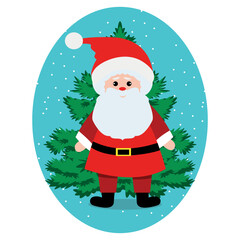 Santa with a Christmas tree sticker. Festive pattern. Design for paper, cover, fabric, interior decor, postcard. Vector flyers, posters, business cards or for the Internet.