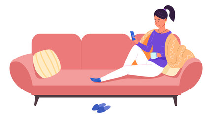 Young woman comfortably sitting on sofa with smartphone