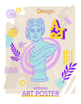 Creative modern art poster, classical sculpture. For exhibition, culture, music and design. Vector illustration