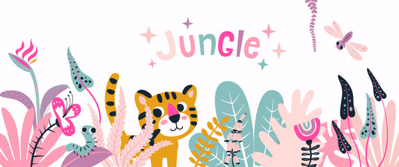 Cartoon jungle horisontal banner with cute lion wildlife in pastel pink color. Tropical leaves, plants and flowers