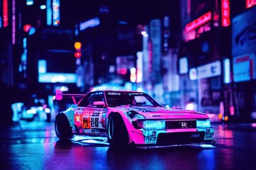 tuned car in tokyo with neon lights, JDM Japanese Domestic Market