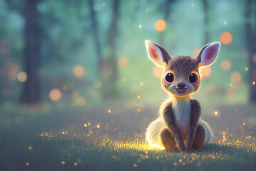 Adorable baby deer with a bright glow against light bokeh background. Christmas background concept