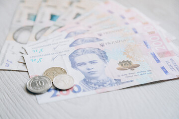 Money of Ukraine. Banknotes of 200 and 500 hryvnia lie together. Monetary system. Currency of Ukraine. Hryvnia.