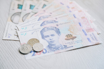 Money of Ukraine. Banknotes of 200 and 500 hryvnia lie together. Monetary system. Currency of Ukraine. Hryvnia.